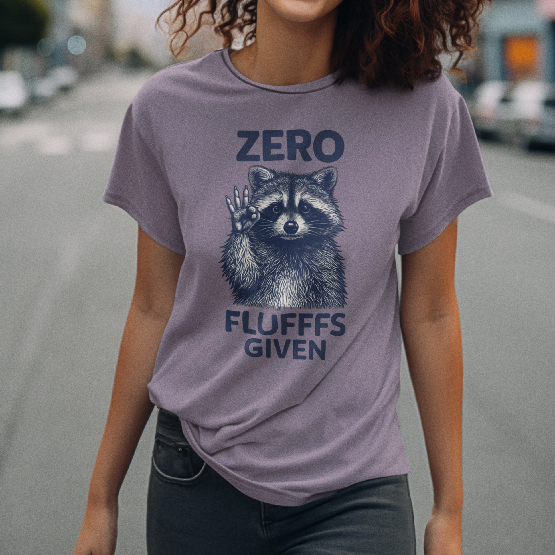 Person wearing a t-shirt with a raccoon graphic and text on a city street.