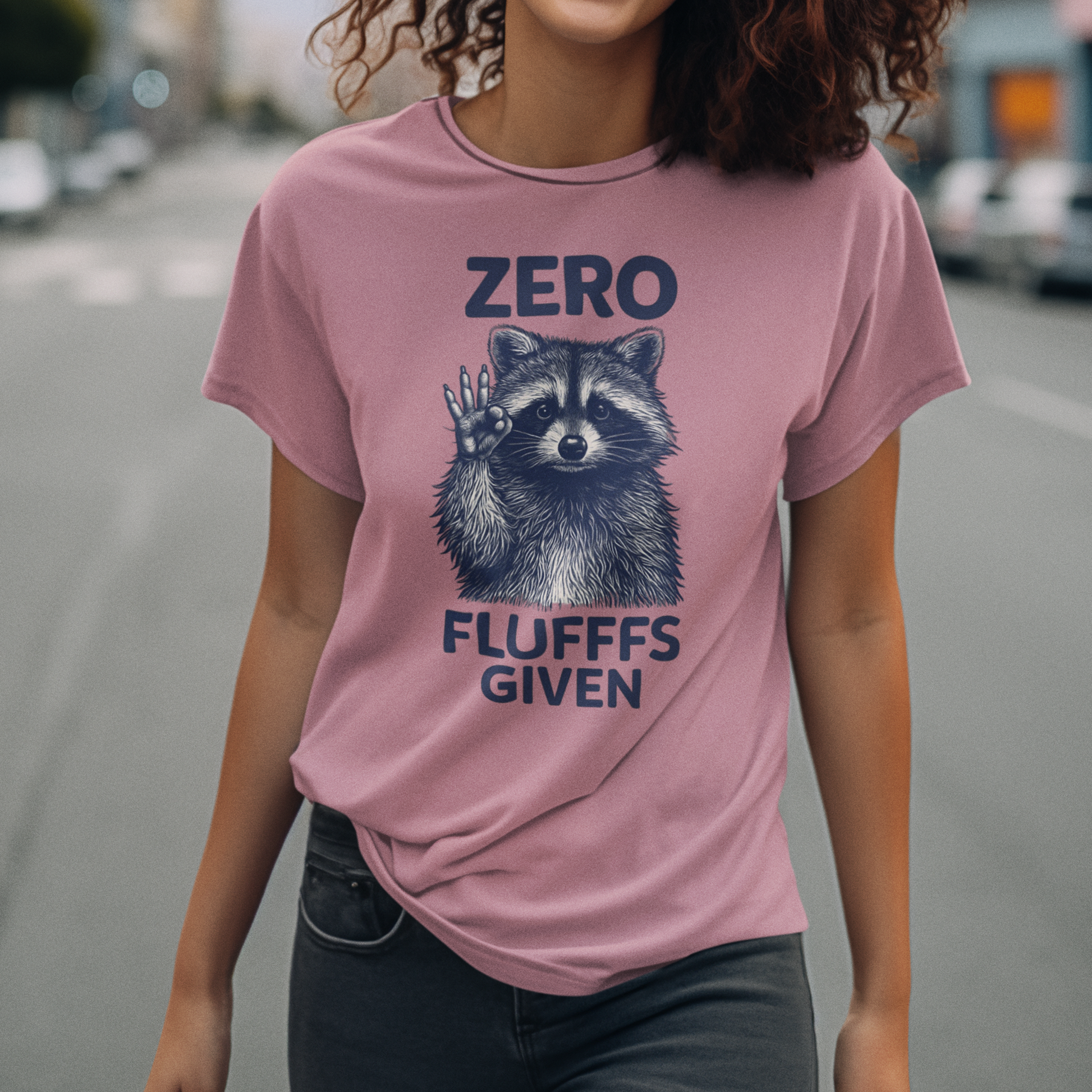 Person wearing a pink t-shirt with a raccoon graphic and text on a street background