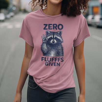 Person wearing a pink t-shirt with a raccoon graphic and text on a street background