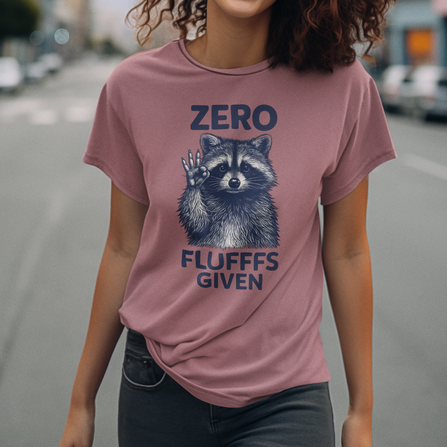 Person wearing a pink t-shirt with a raccoon graphic and text on a street background