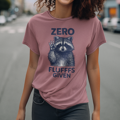 Person wearing a pink t-shirt with a raccoon graphic and text on a street background