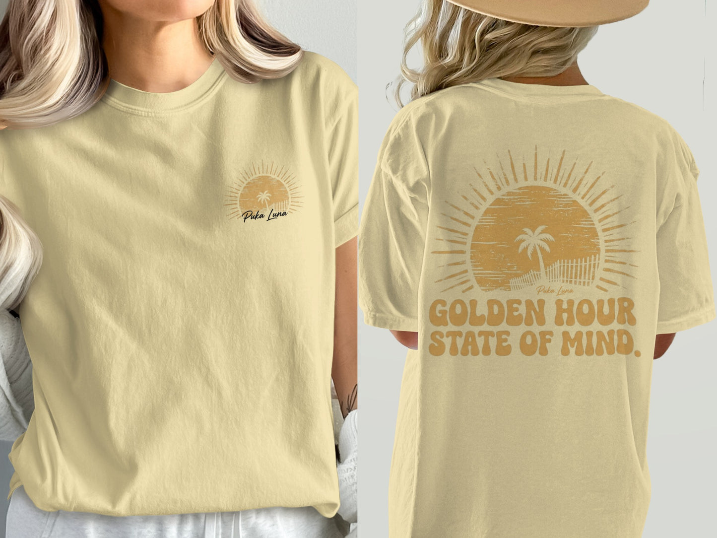 Yellow t-shirt with golden hour graphic and text on back.