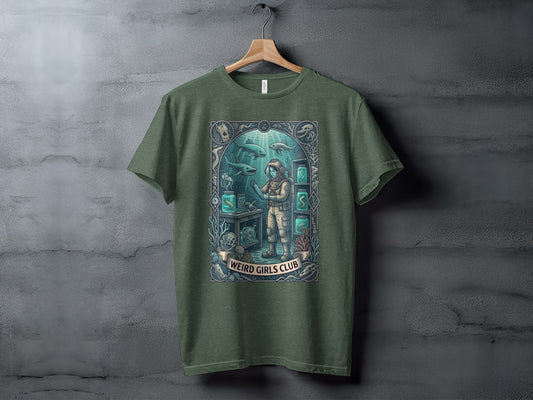 Green t-shirt with "Weird Girls Club" text and a detailed underwater scene.