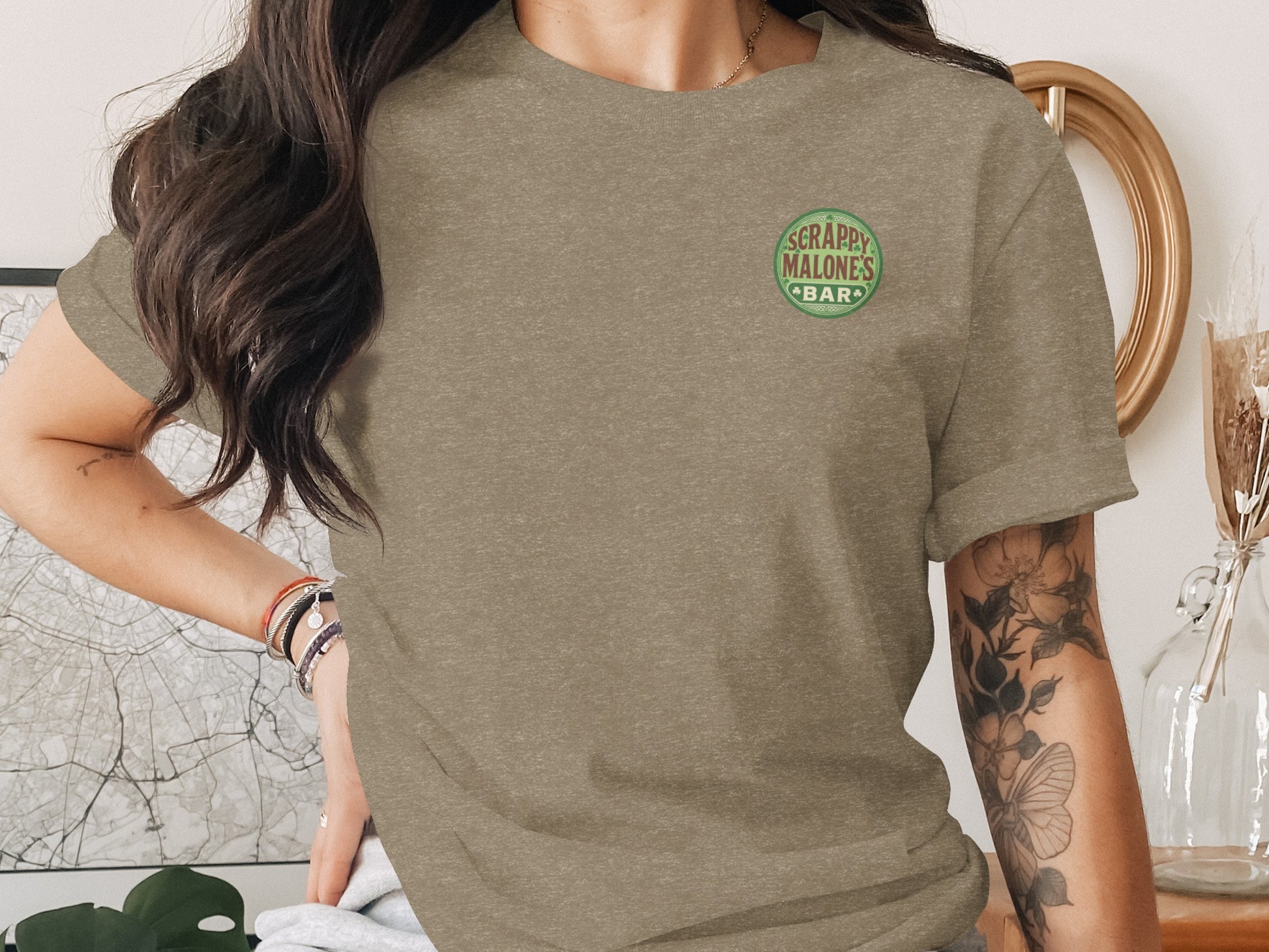 Scrappy Malone's Bar, Irish Pub Design, Shamrock Clover Green Bar Logo, Personalized Bar Sign, St Patricks Day Theme T-Shirt - Scrappy Malone's Bar 100-Proof Humor - Cloud 16 Clothing Co.