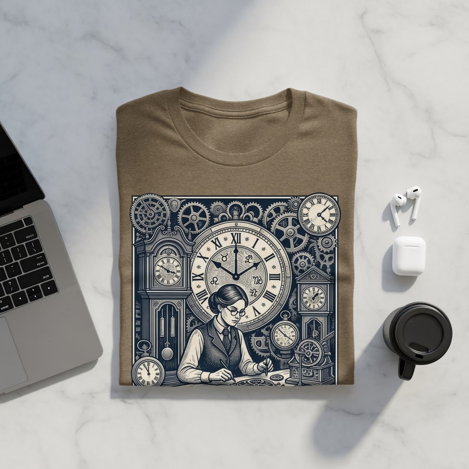 T-shirt with clock gears design, featuring a woman in vintage clothing.