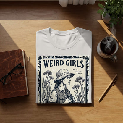 White t-shirt with "WEIRD GIRLS" text and illustration of a woman with binoculars.