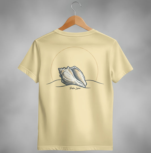 Shell graphic on a tan t-shirt with a circular sun behind it.