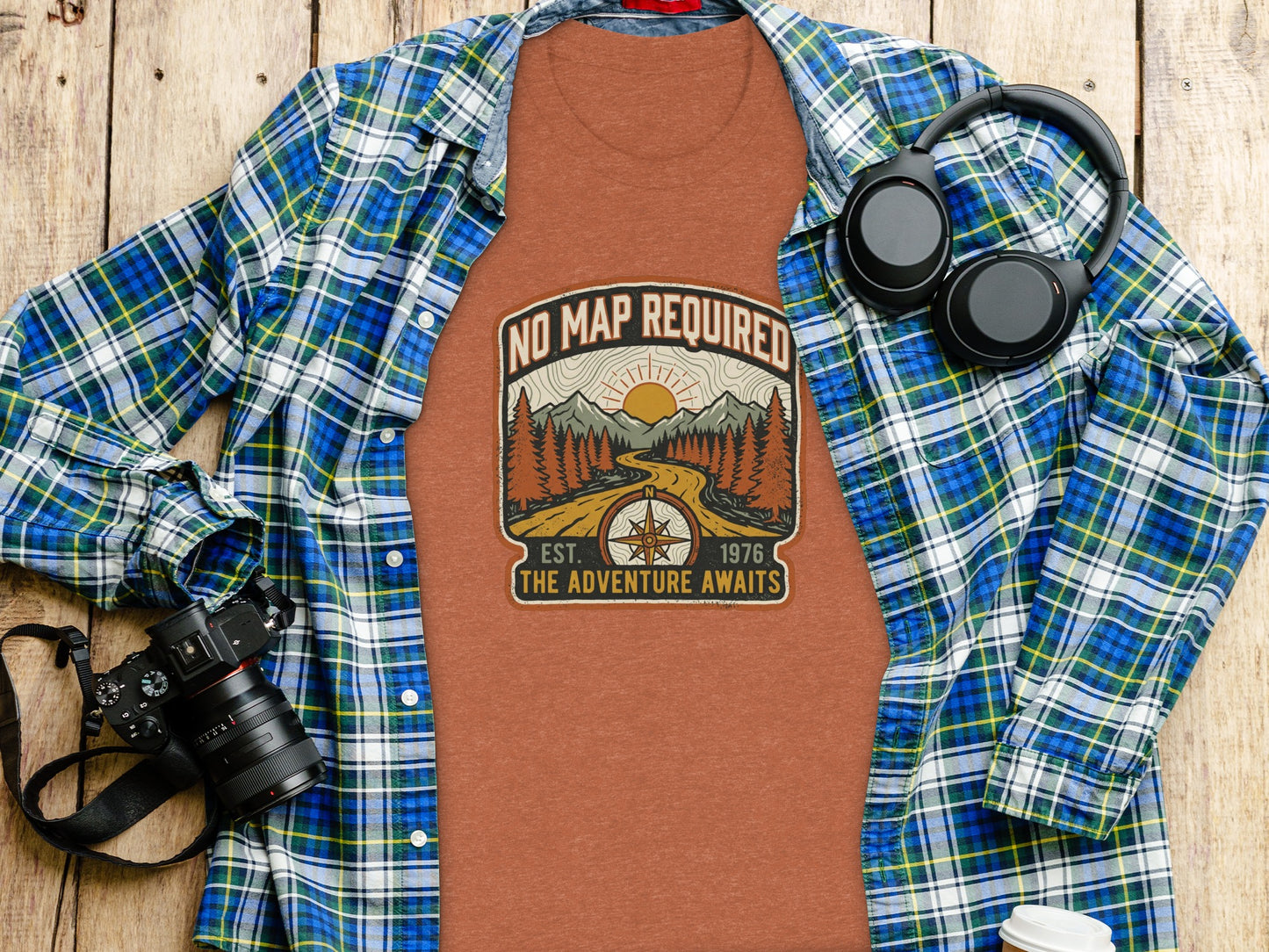Heritage No Map Required: The Adventure Awaits Nomad Tee: Orange t-shirt with "No Map Required, The Adventure Awaits" mountain graphic.