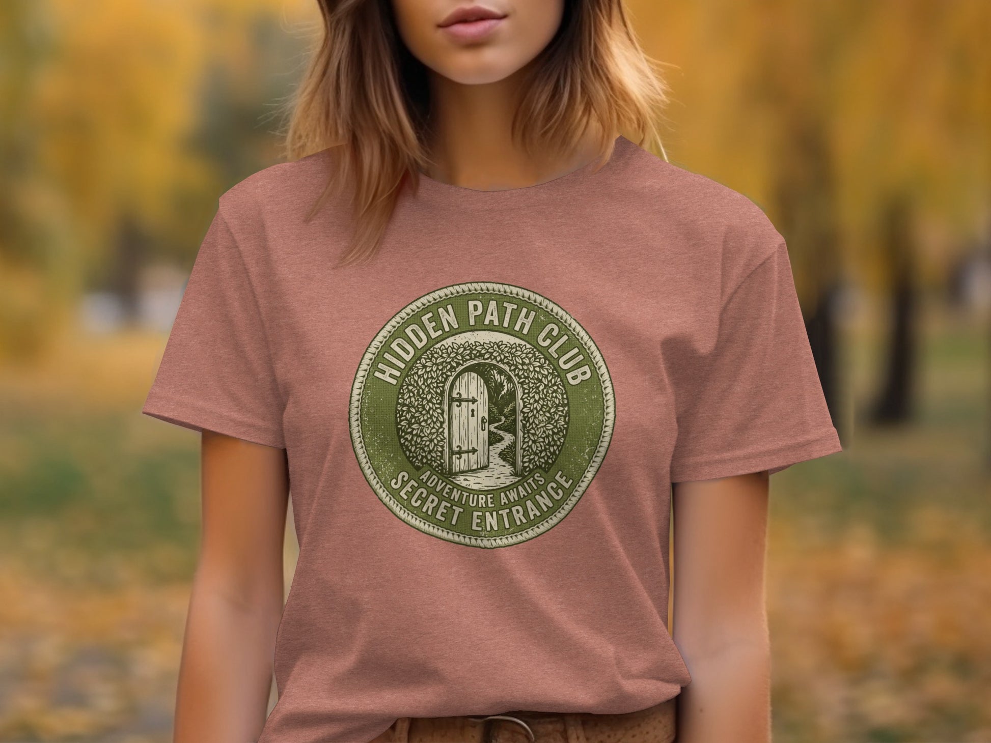 Hidden Path Club: Secret Entrance | Vintage Outdoor Apparel: T-shirt with circular logo: "Hidden Path Club," "Adventure Awaits," "Secret Entrance."