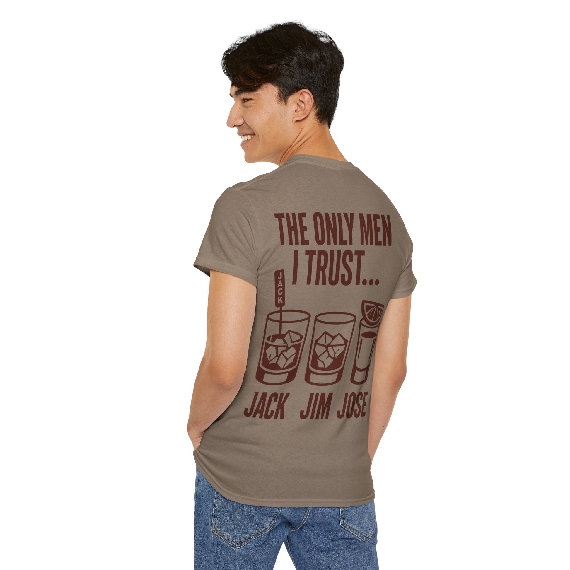 Person wearing a brown t-shirt with text and graphics on the back, standing against a white background