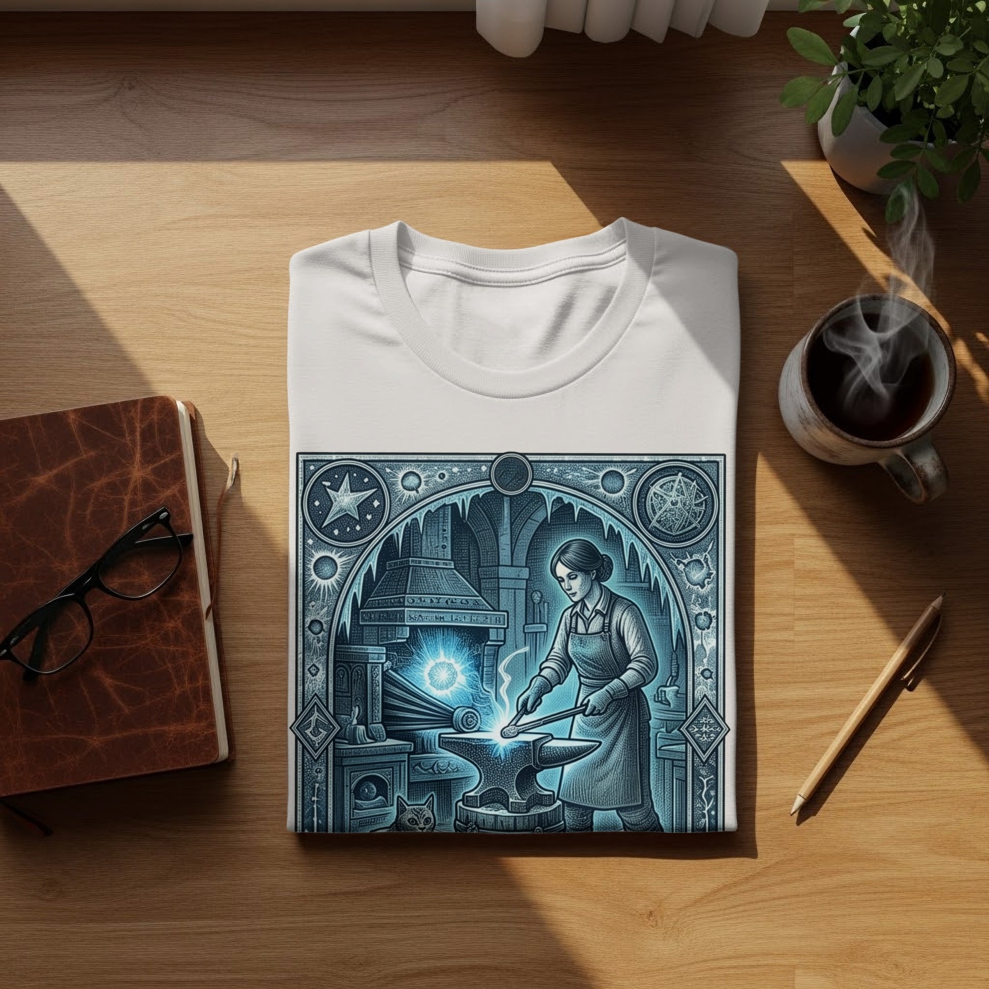 White t-shirt with detailed blue illustration of a blacksmith working at an anvil.