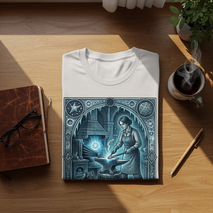 White t-shirt with detailed blue illustration of a blacksmith working at an anvil.