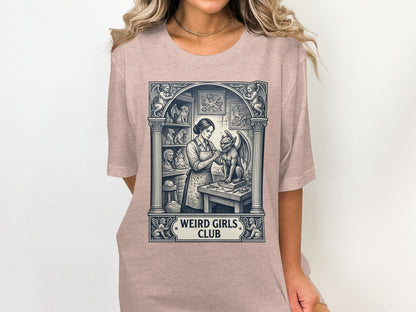 Illustration of a woman sculpting a gargoyle with "WEIRD GIRLS CLUB" text.