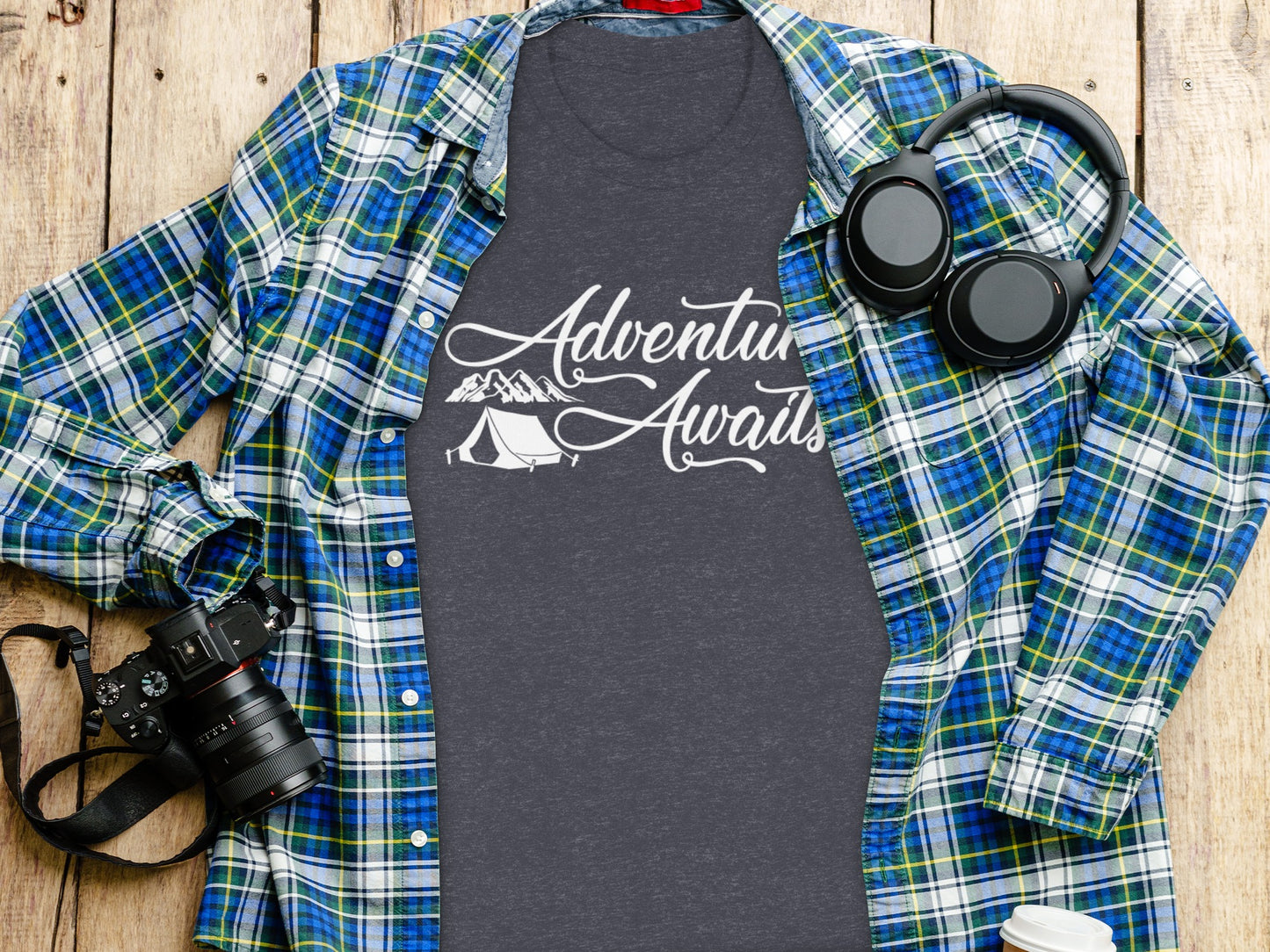 Adventure Awaits Tent Mountains Graphic Design T-Shirt T-Shirt - Outdoor & Adventure Collection - Mile Marker 16 Gear by Cloud 16 Clothing Co.