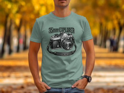 35mm Explorer Detour | Vintage Outdoor Apparel: Gray t-shirt with vintage camera graphic and text "35mm Explorer Take the Detour".