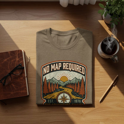 Heritage No Map Required: The Adventure Awaits Nomad Tee: T-shirt with "No Map Required" text and mountain landscape design.