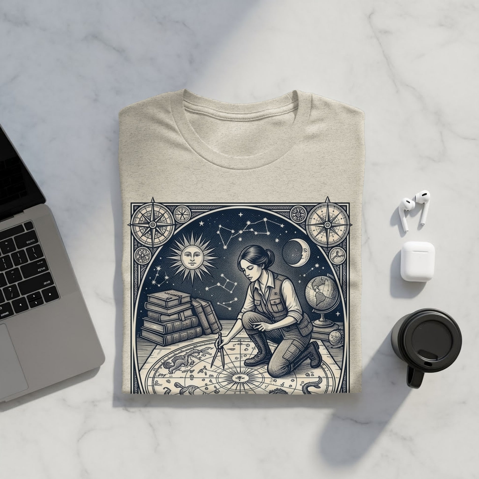 T-shirt with celestial map design, showing sun, moon, and constellations.