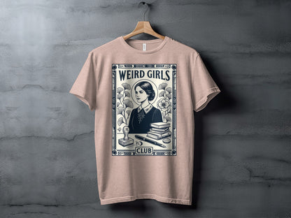 Weird Girls Club t-shirt with a vintage illustration of a woman and books.