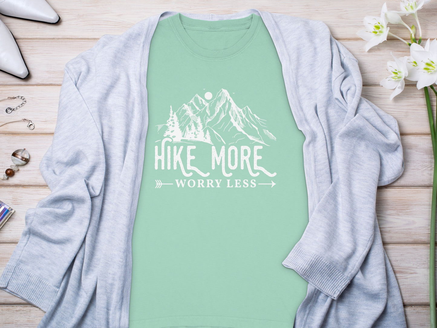Hike More Worry Less Mountain Design Funny Outdoor Long Sleeve T-Shirt Long Sleeve Tee - Outdoor & Adventure Collection - Mile Marker 16 Gear by Cloud 16 Clothing Co.