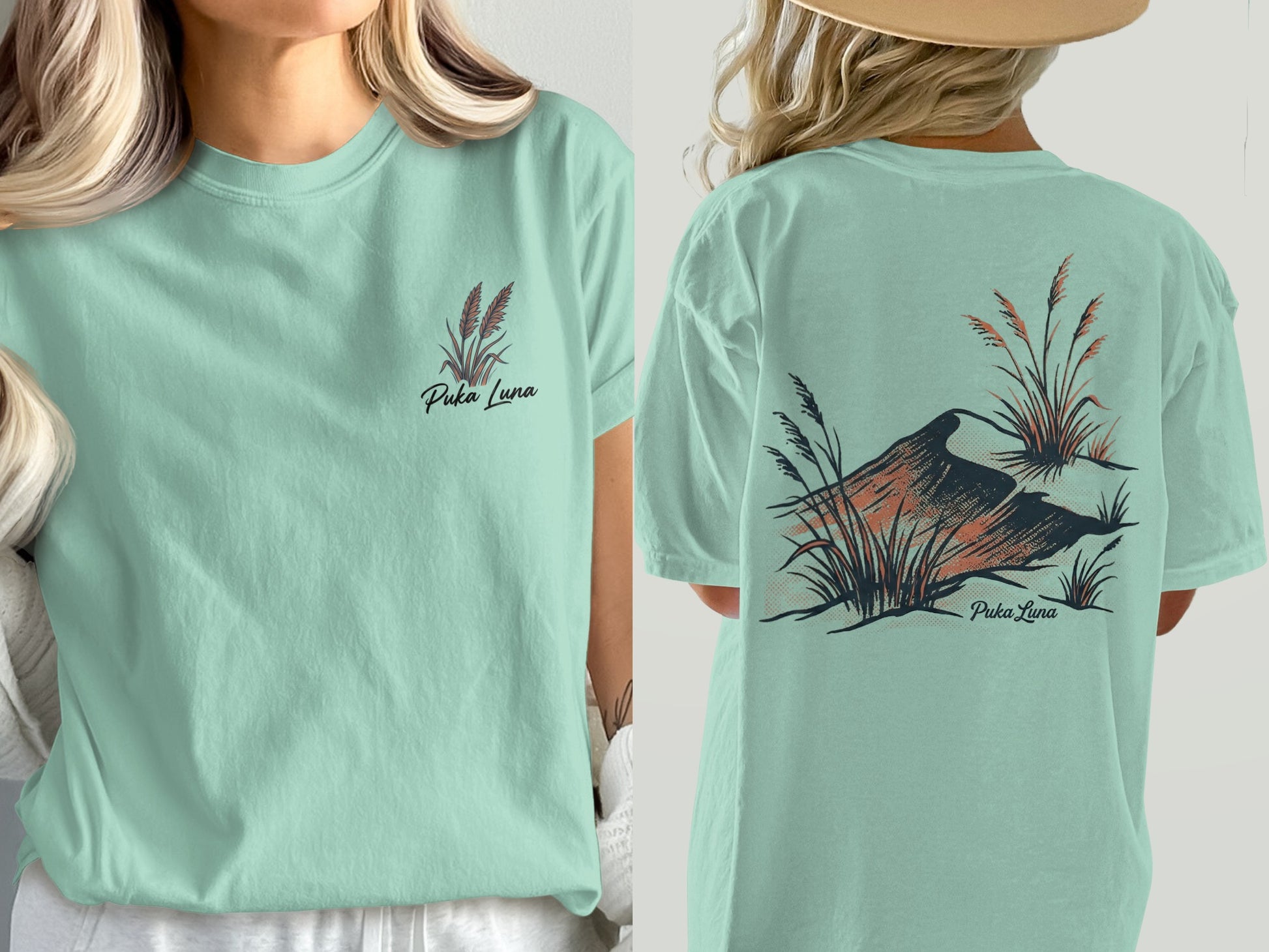 Mint green t-shirt with Puka Luna logo and rust-colored bird and grass design.
