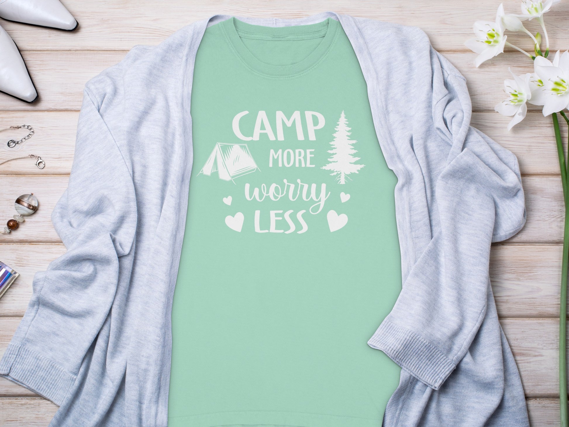 Camp More Worry Less Graphic Tee Relaxing Camping Shirt