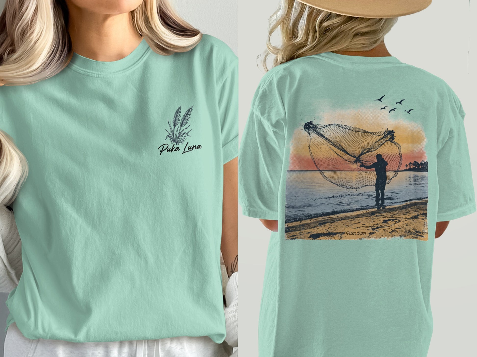 T-shirt with wheat illustration and "Puka Luna" text on front, fishing net scene on back.