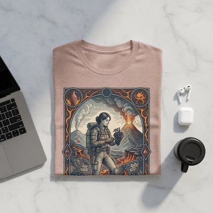 T-shirt with hiker and volcano graphic, and grapes in foreground.