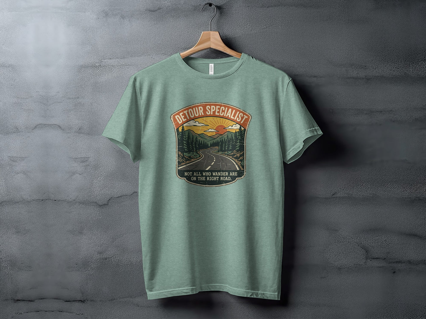 Heritage Detour Specialist Vintage Graphic Nomad Tee: T-shirt with "Detour Specialist" and mountain road sunset graphic.