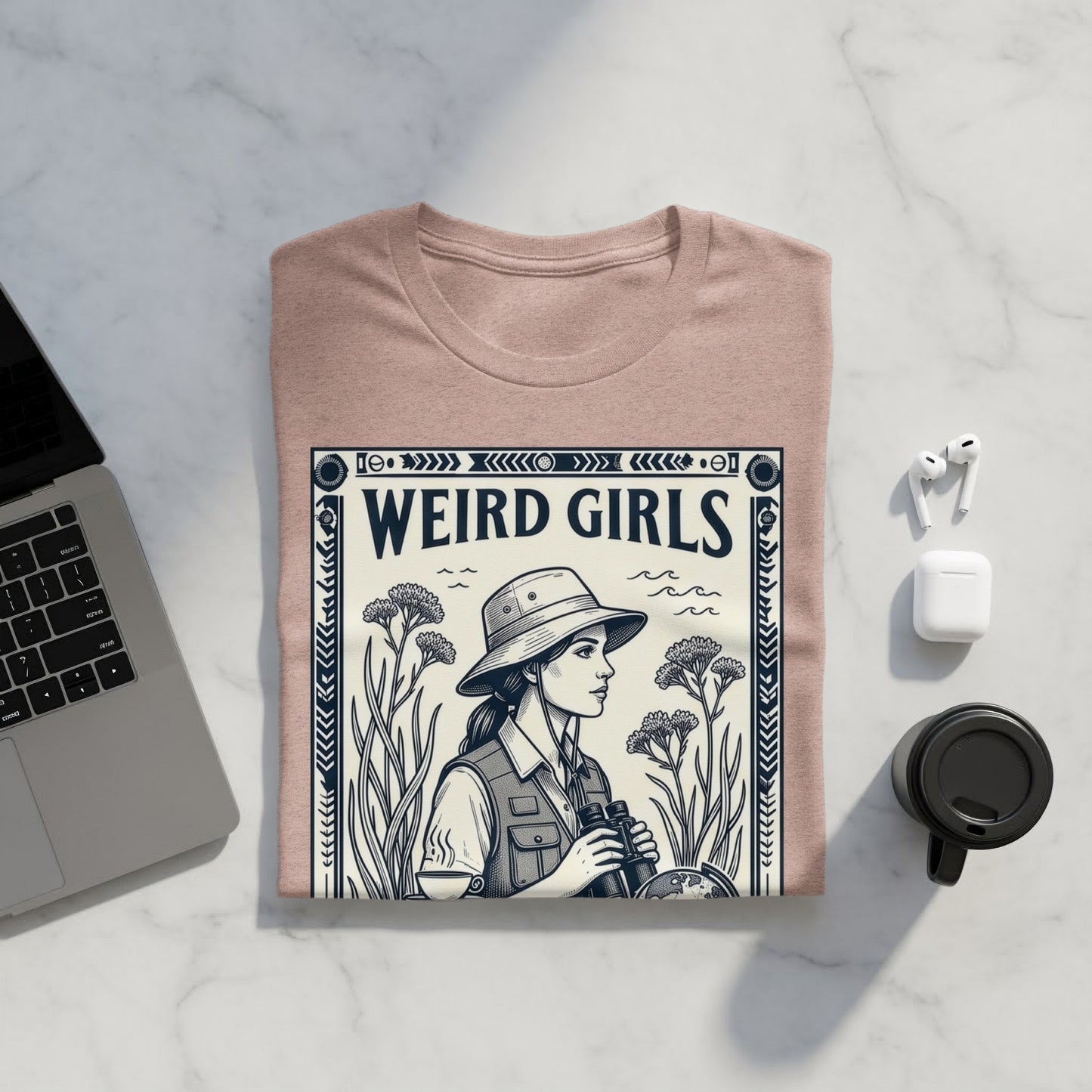 T-shirt with "WEIRD GIRLS" text above an illustration of a woman with binoculars.