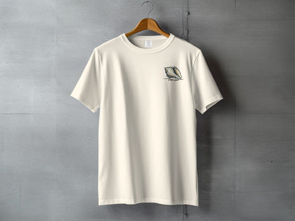 Cream t-shirt with a seashell graphic and "Peace Love" text on the left chest.