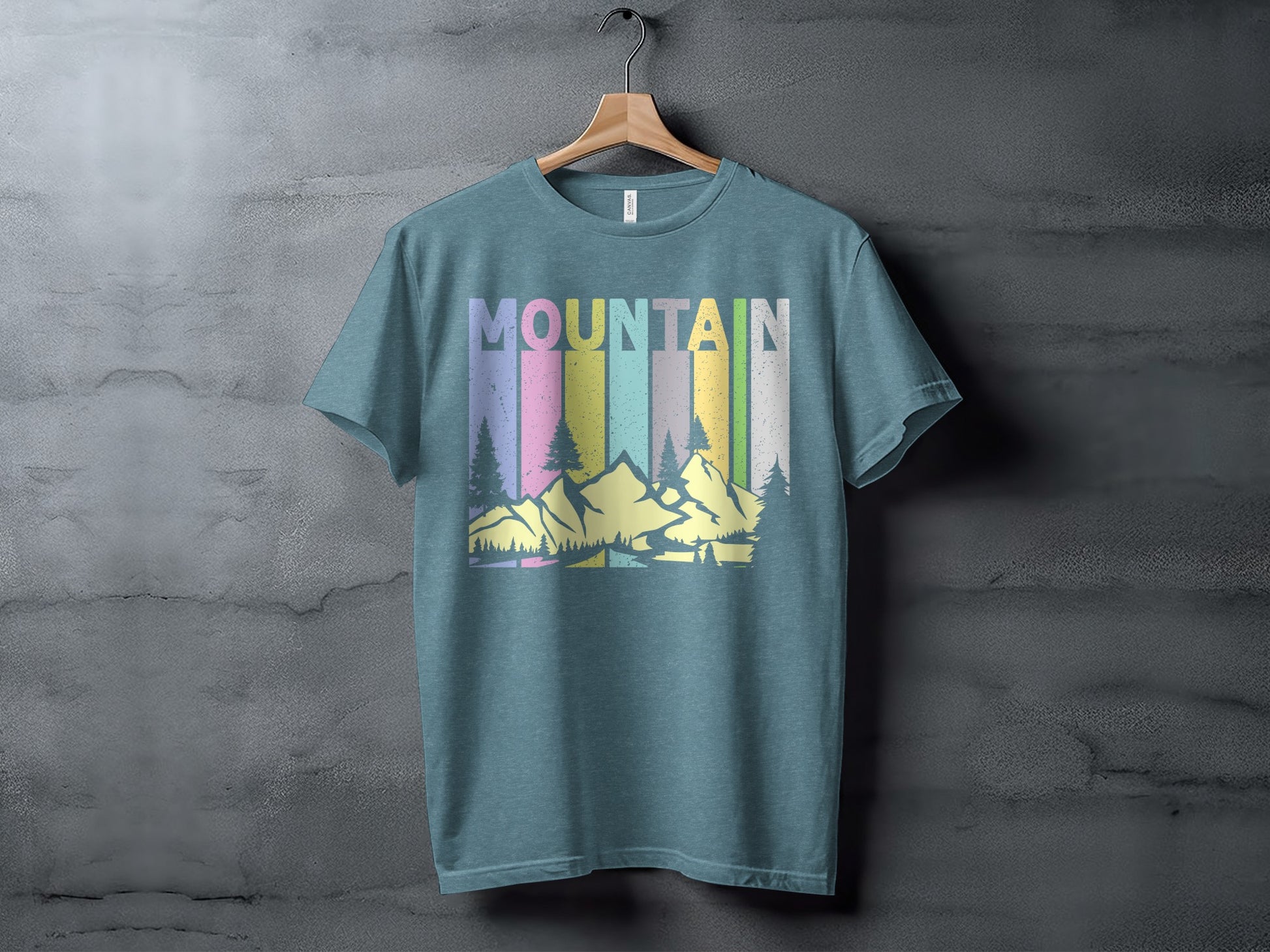 Mountain Graphic Tee with Colorful Vertical Stripes