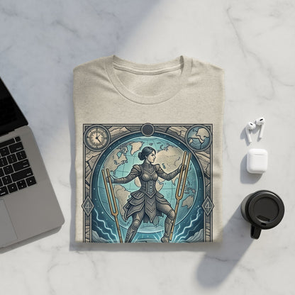 T-shirt with stylized warrior woman graphic inside a celestial map design.