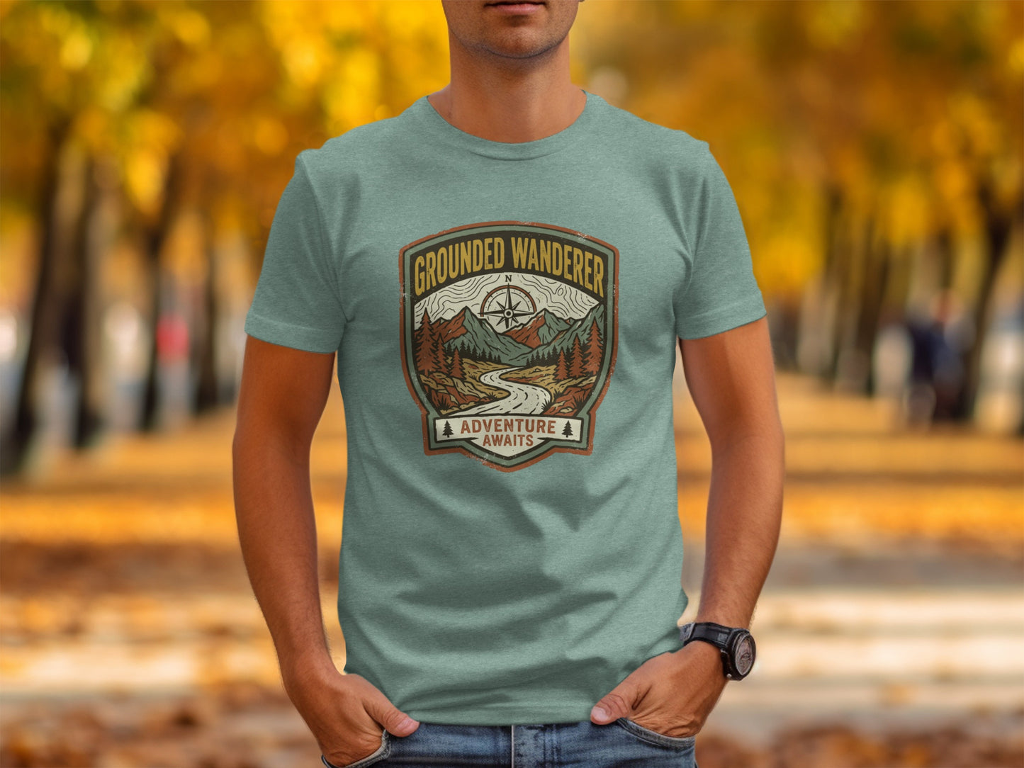 Heritage Grounded Wanderer Adventure Nomad Tee: Gray t-shirt with "Grounded Wanderer Adventure Awaits" graphic on chest.