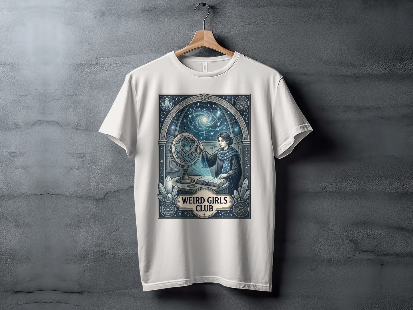 White t-shirt with a circular graphic of a woman with an armillary sphere.