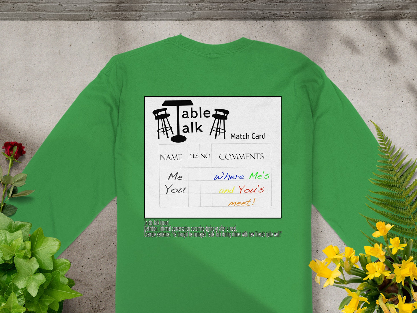 Table Talk Match Card Design on Green Shirt product