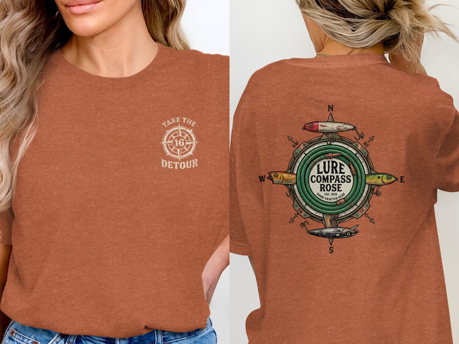 Brown t-shirt with "Take the Detour" and compass rose graphic on back.