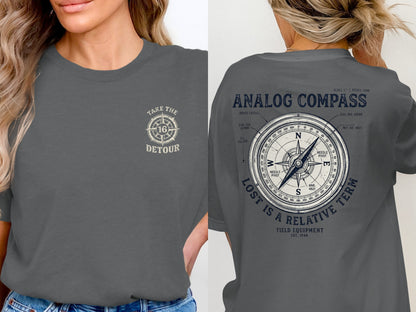 T-shirt with "Take the Detour" on front and "Analog Compass" design on back.