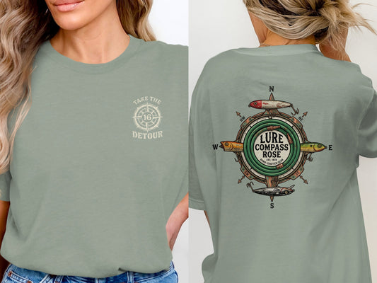 Green t-shirt with "Take the Detour" on front and fishing lure compass on back.