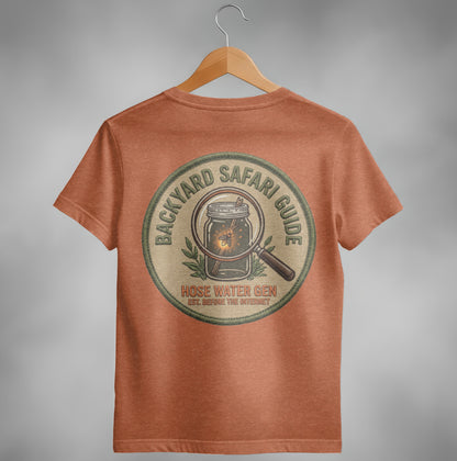T-shirt with "Backyard Safari Guide" logo featuring a jar and magnifying glass.