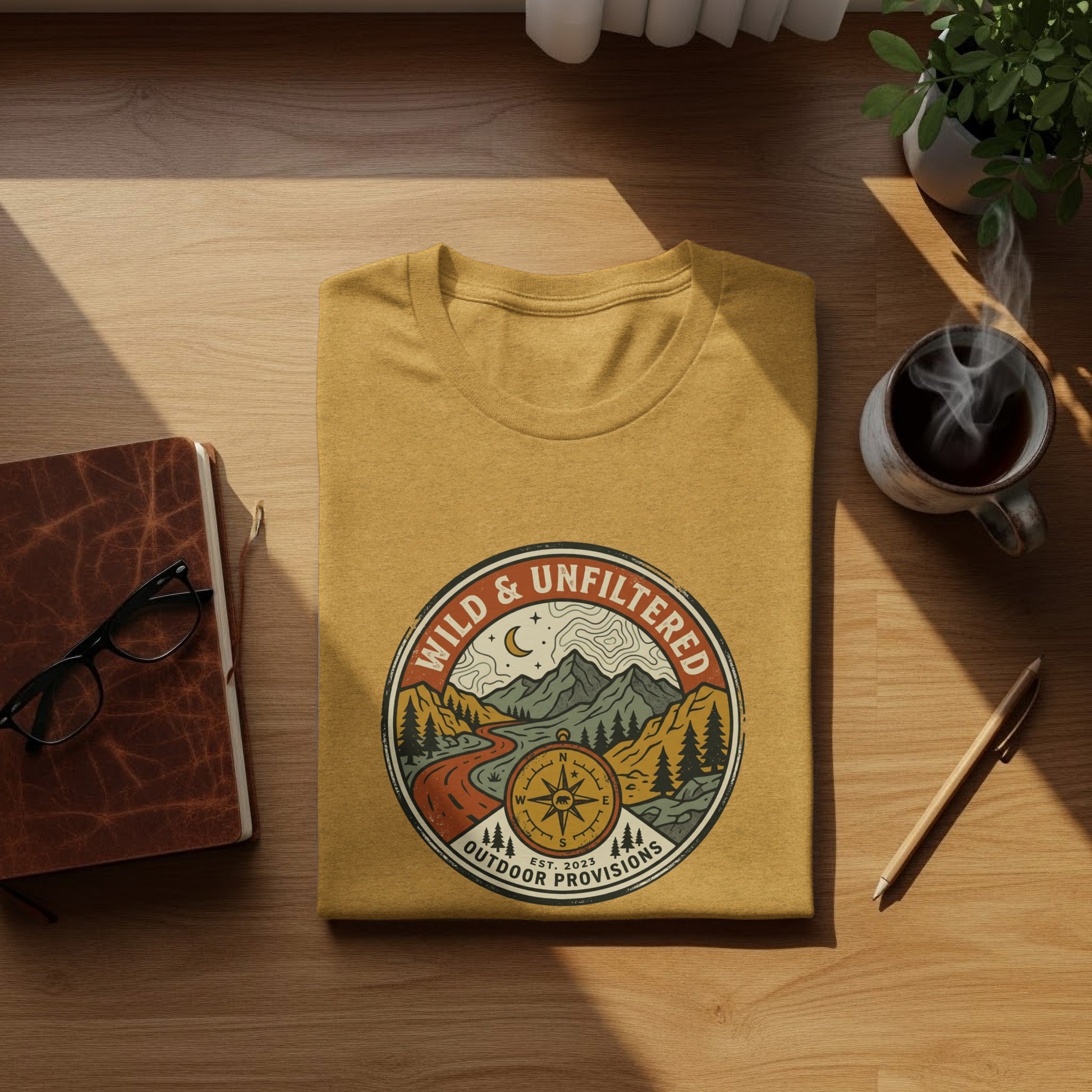 Rugged Wild & Unfiltered Explorer Wilderness Shirt: Mustard t-shirt with round "Wild & Unfiltered Outdoor Provisions" graphic.