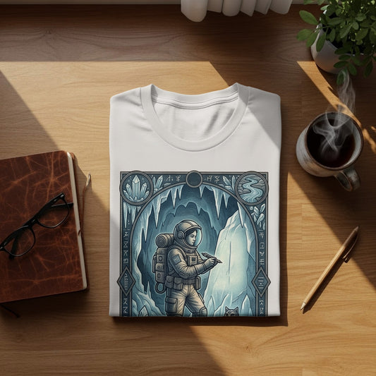 White t-shirt with astronaut in icy cave graphic, framed by ornate border.