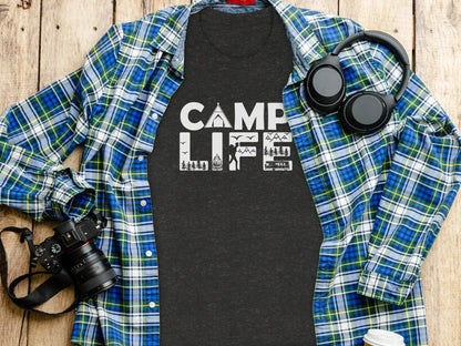 Camp Life Illustration with Tent and Fire Design T-Shirt T-Shirt - Outdoor & Adventure Collection - Mile Marker 16 Gear by Cloud 16 Clothing Co.