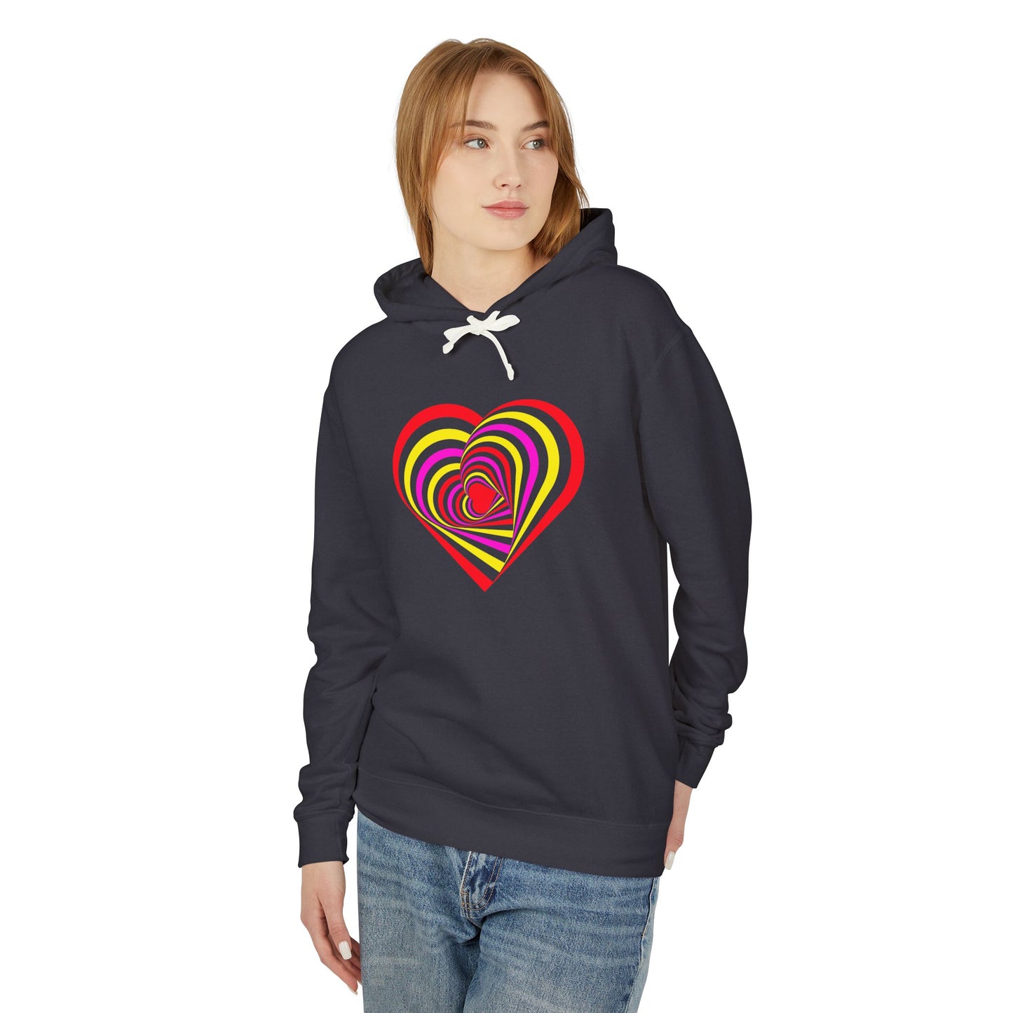 Person wearing a dark blue hoodie with a colorful heart design on a white background