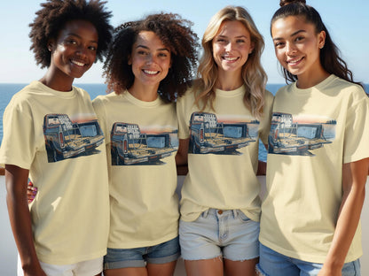 Four women model tan t-shirts featuring a vintage truck graphic.