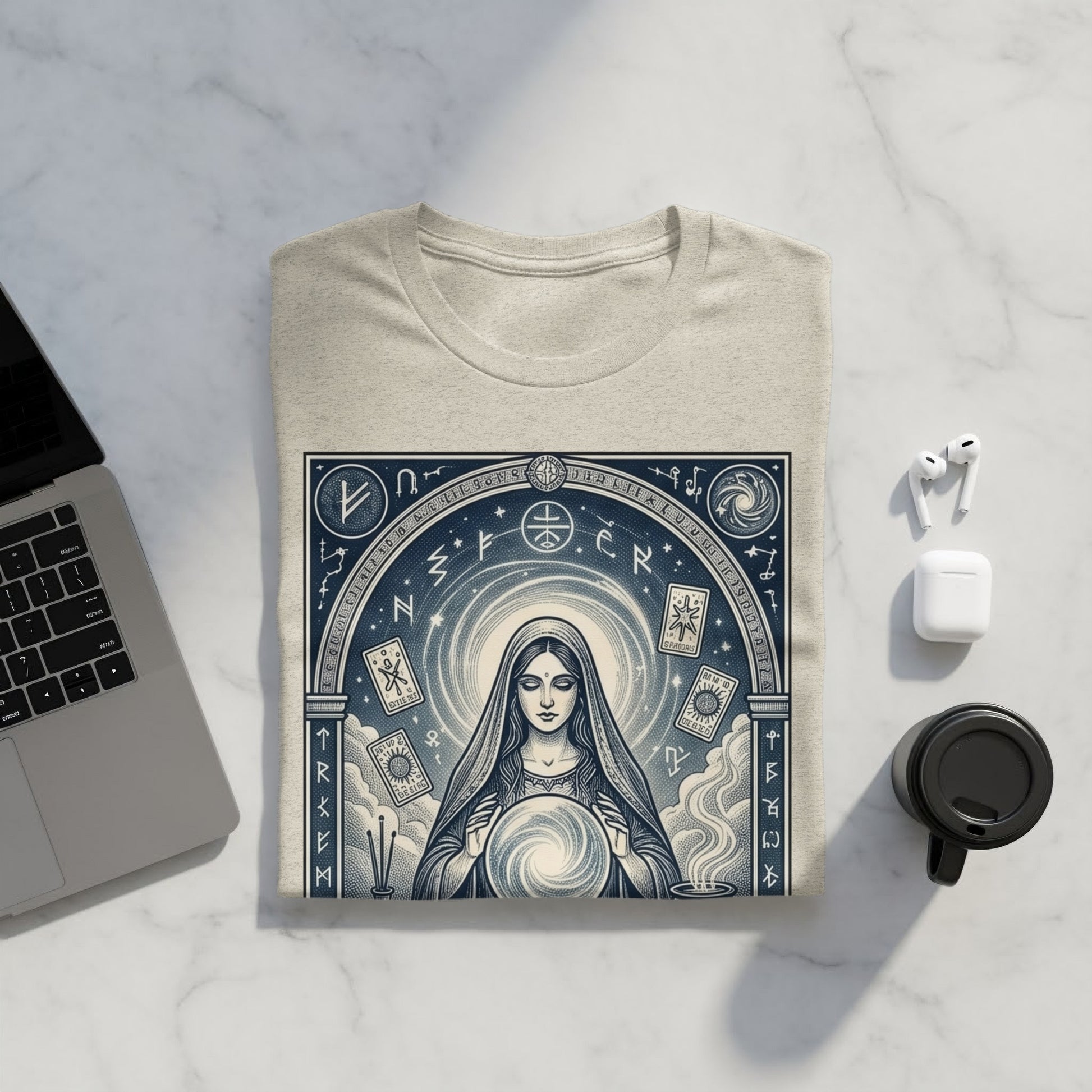 T-shirt with celestial woman and tarot cards around a crystal ball.