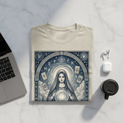 T-shirt with celestial woman and tarot cards around a crystal ball.