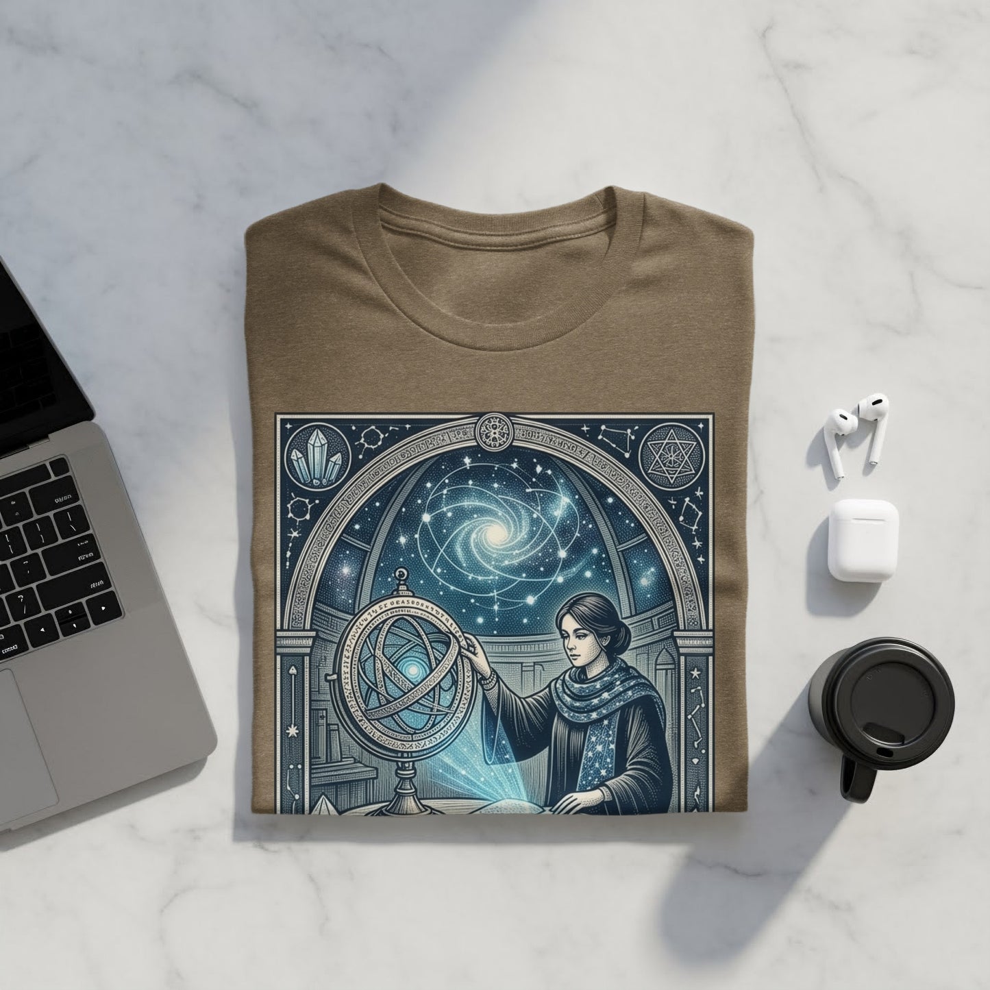 T-shirt featuring a woman with a celestial map and astrolabe.