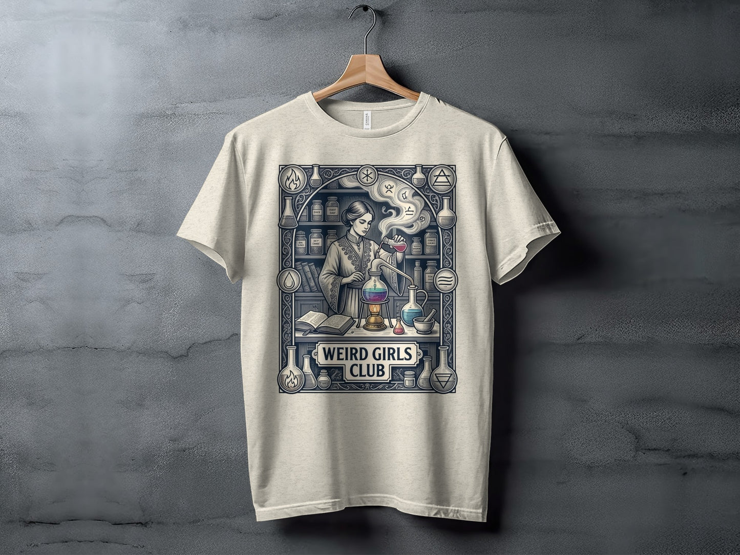 T-shirt with "Weird Girls Club" and a woman in a laboratory.