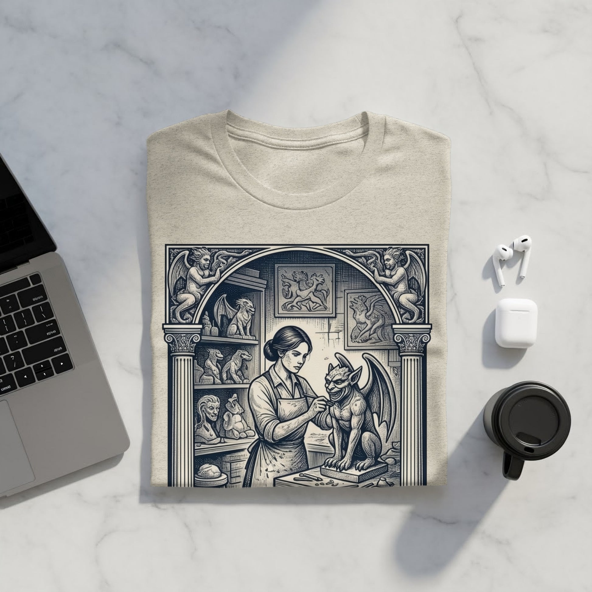 T-shirt featuring a gothic illustration of a sculptor and gargoyles.