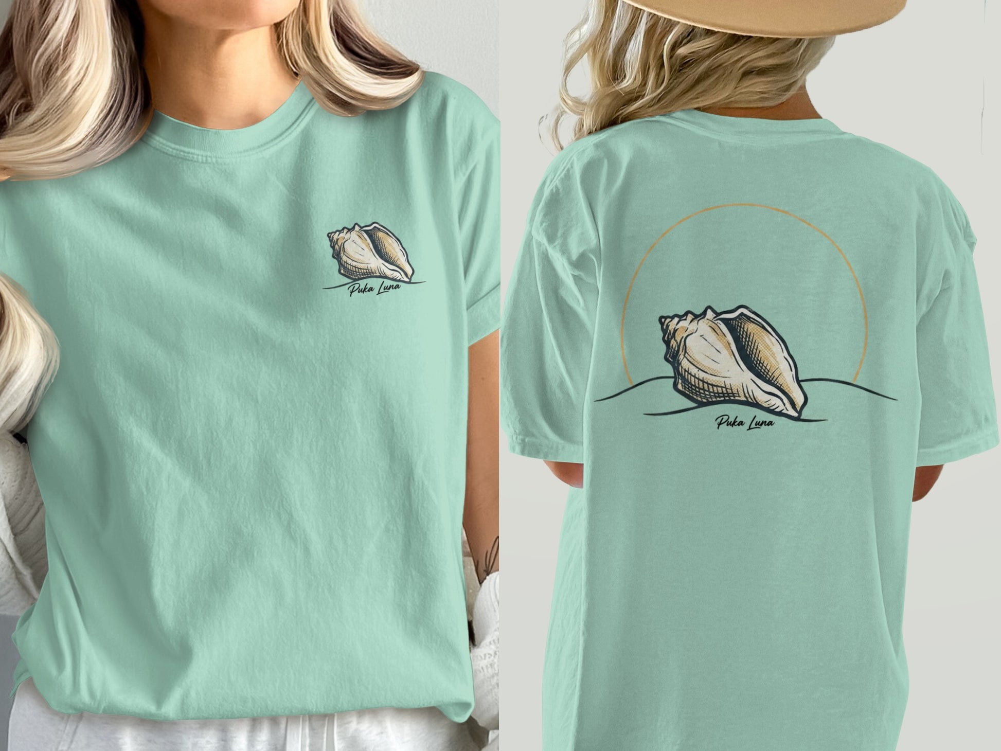 Mint green t-shirt with seashell graphic and "Puka Luna" text.